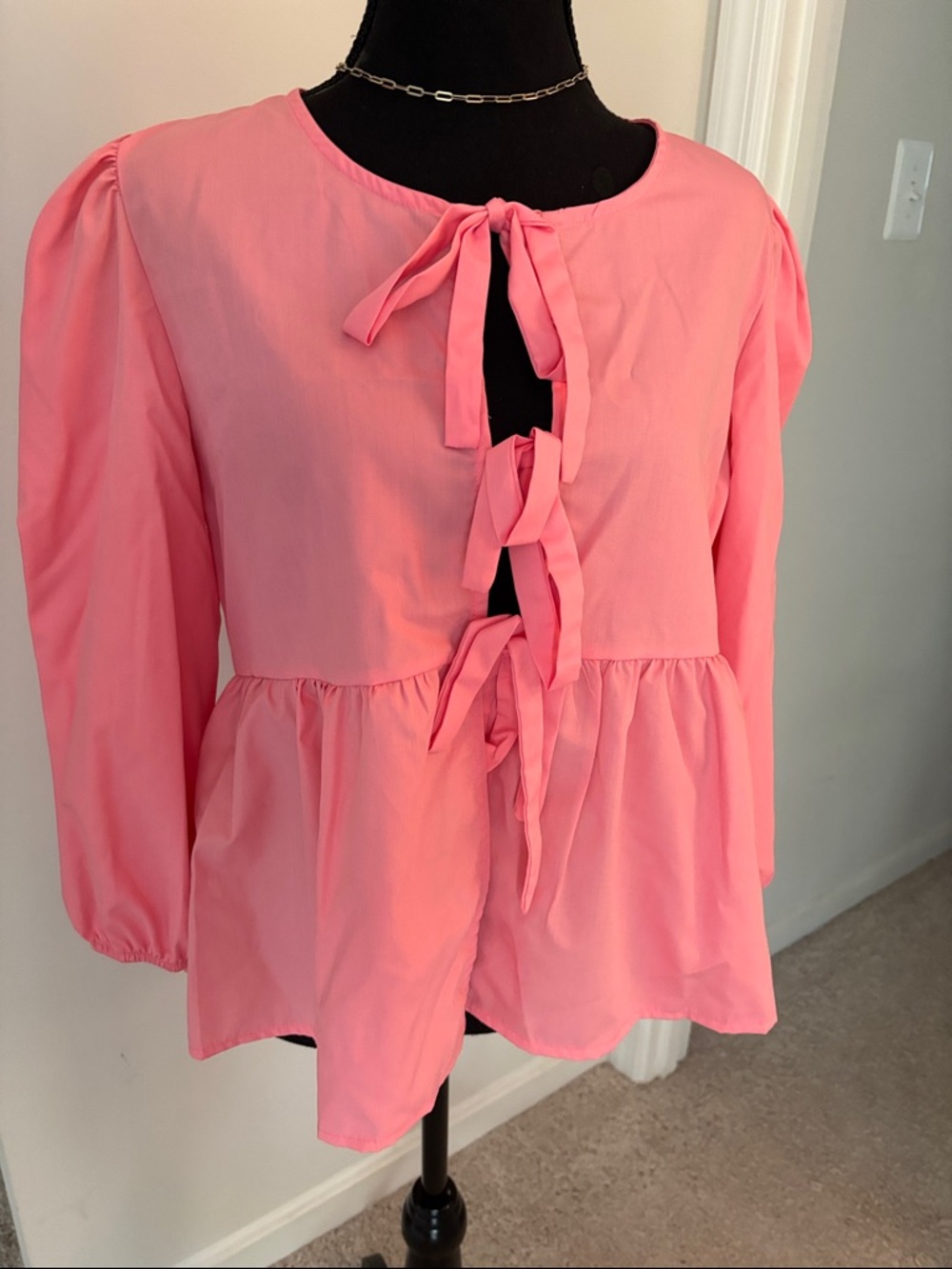 Pink Bow Tie-Front Peplum Blouse in L n XL